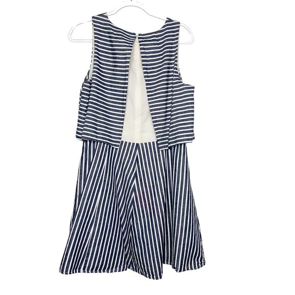 1. STATE Striped Linen Cotton Popover Fit & Flare Mini Dress Navy White Size L - Picture 2 of 7